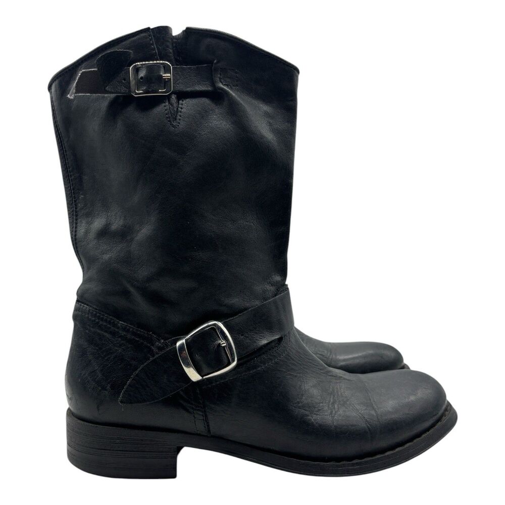 Cordani Boots Size 38.5 8 Black Leather Mid Calf Distressed Moto Buckle Italy